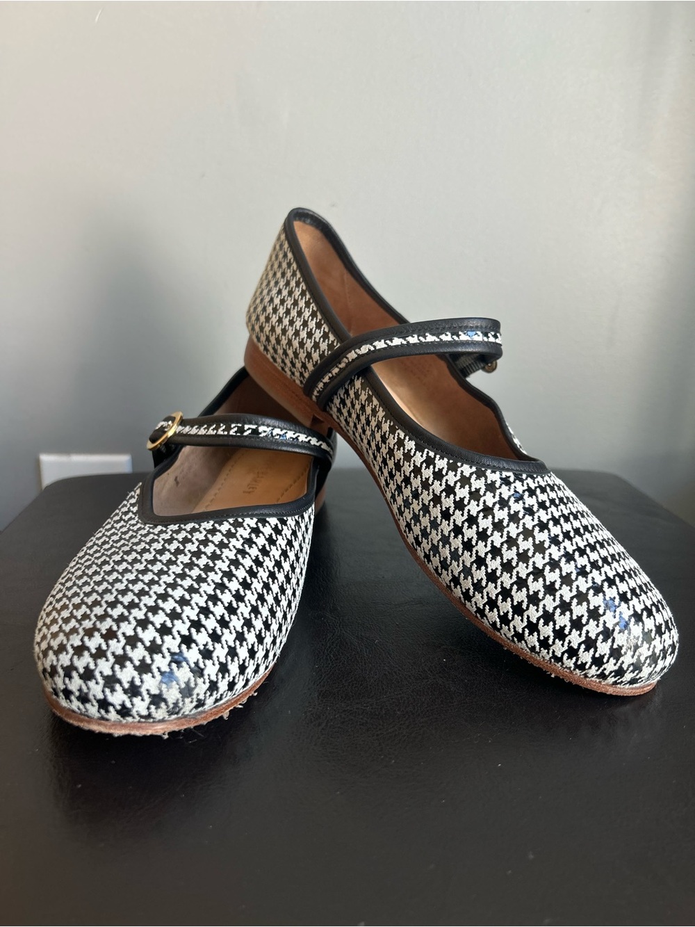 Poppy Barley Black & White Houndstooth Mary Jane Flats with Gold Buckle